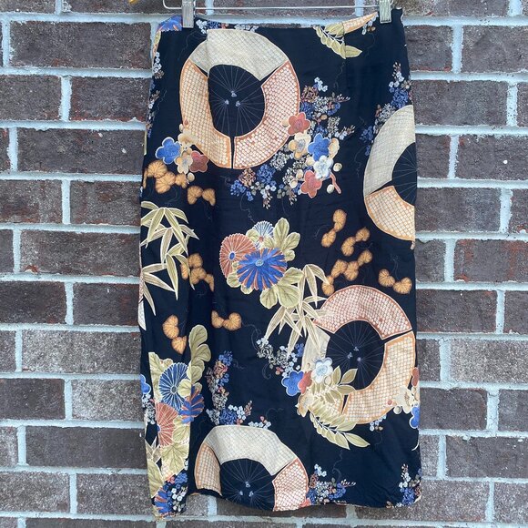 Vintage Clio Skirt Sz 10 Black Floral Umbrella Print Midi Asian Inspired Boho - Picture 1 of 14